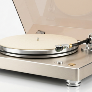 A silver turntable.